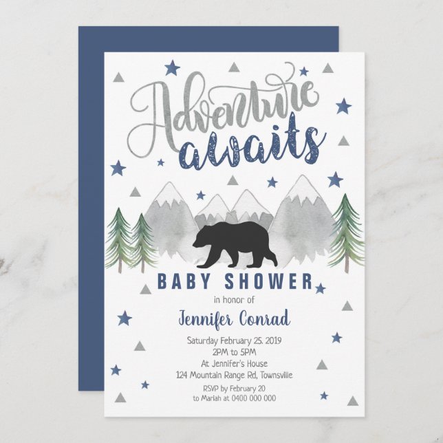 Adventure Awaits Baby Shower Invitation Navy (Front/Back)