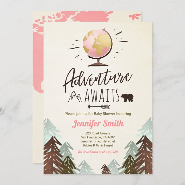 Adventure awaits Baby shower invite Vintage Girl (Front/Back)