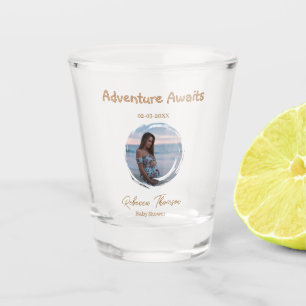 adventure awaits baby shower photo golden pink nam shot glass