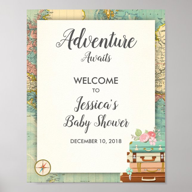 Adventure Awaits Baby shower Welcome Sign Travel (Front)