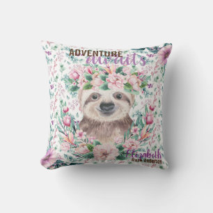Adventure Awaits Baby SLOTH Purple Floral Named Cushion