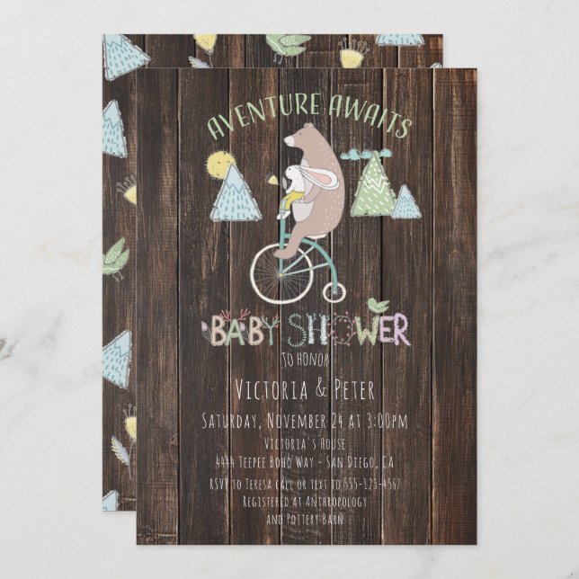 Adventure Awaits Bear Bunny Bike Baby Shower Invitation (Front/Back)
