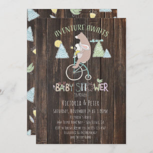 Adventure Awaits Bear Bunny Bike Baby Shower Invitation