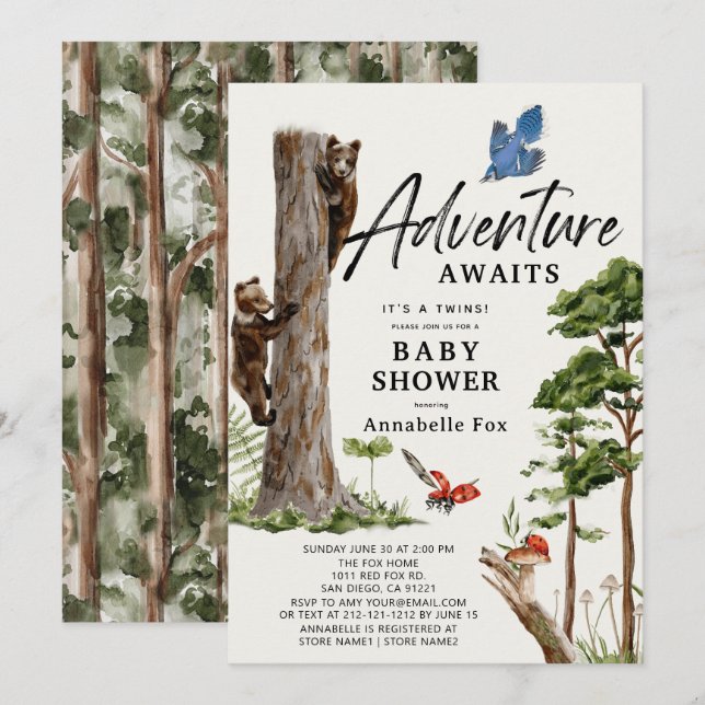 Adventure Awaits Bear Cub Twins Forest Baby Shower Invitation (Front/Back)