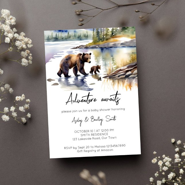 Adventure awaits bear cub with mum baby shower invitation (Adventure awaits Alaskan wilderness baby bear cub mother bear by the river baby shower invitation)