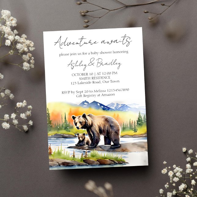 Adventure awaits bear cub with mum baby shower invitation (Adventure awaits Alaskan wilderness bear cub with mama bear baby shower template invitation download)