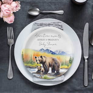 Adventure awaits bear cub with mum baby shower paper plate