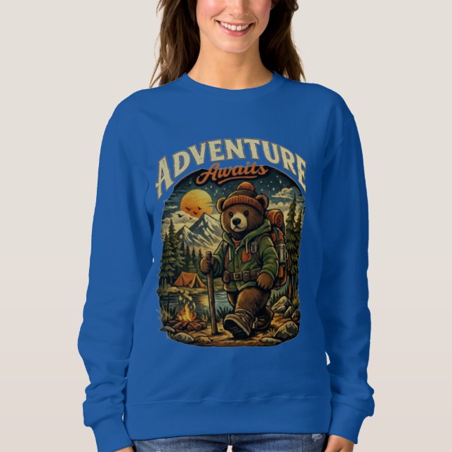 Adventure Awaits Bear Hiking Camping Vintage Hoodi Sweatshirt (Front)