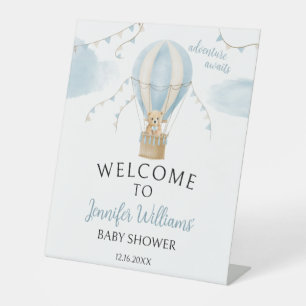 Adventure awaits bear hot air balloon baby shower pedestal sign