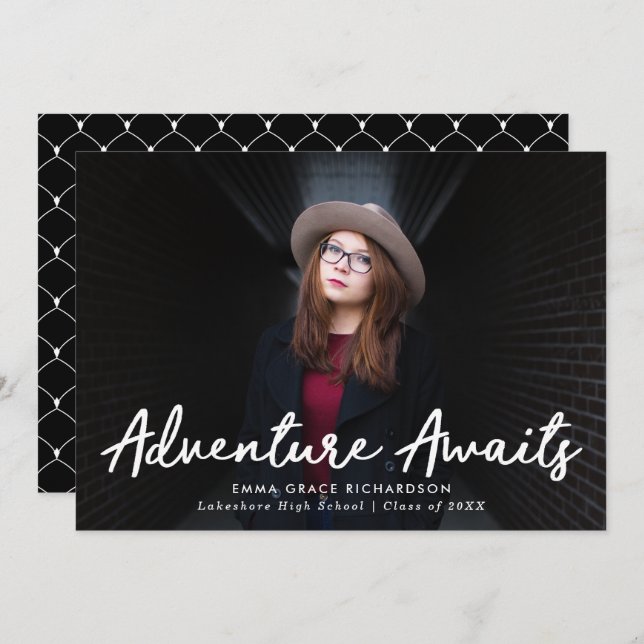 Adventure Awaits Black Photo Graduation Announcement (Front/Back)