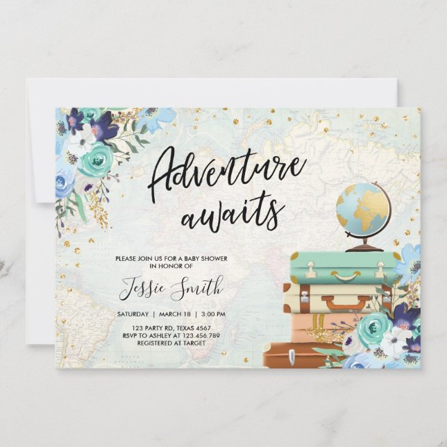 Adventure Awaits Blue Floral Travel Baby Shower Invitation (Front)