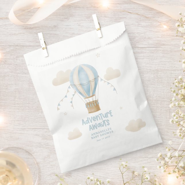 Adventure awaits blue hot air balloon baby shower favour bag (Clipped)