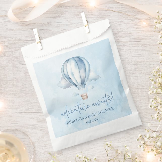 Adventure Awaits! Blue Hot Air Balloon Baby Shower Favour Bag (Clipped)