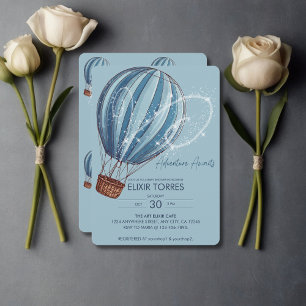 Adventure Awaits Blue Hot Air Balloon Baby Shower Invitation