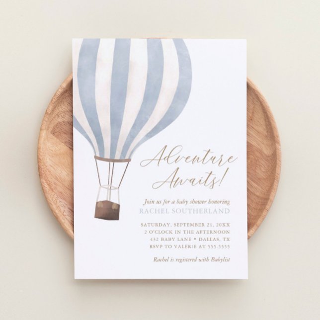 Adventure Awaits Blue Hot Air Balloon Baby Shower  Invitation (Creator Uploaded)