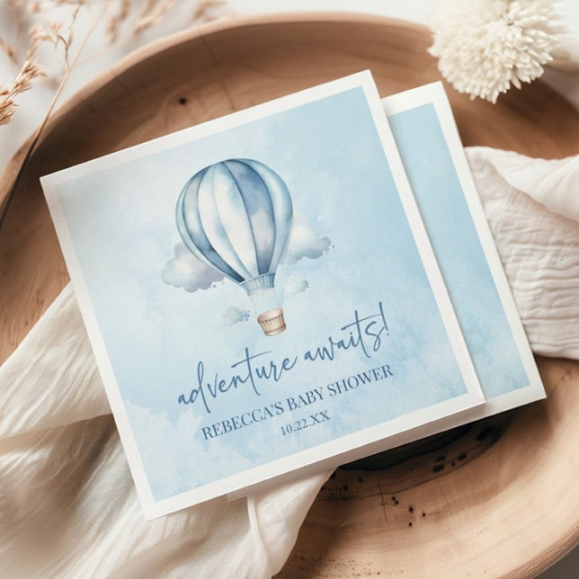 Adventure Awaits! Blue Hot Air Balloon Baby Shower Napkin (Creator Uploaded)
