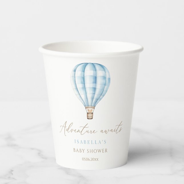 Adventure Awaits Blue Hot Air Balloon Baby Shower Paper Cups (Front)