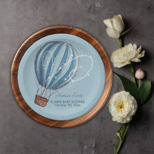 Adventure Awaits Blue Hot Air Balloon Baby Shower Paper Plate