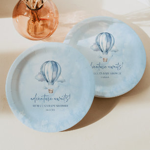Adventure Awaits! Blue Hot Air Balloon Baby Shower Paper Plate