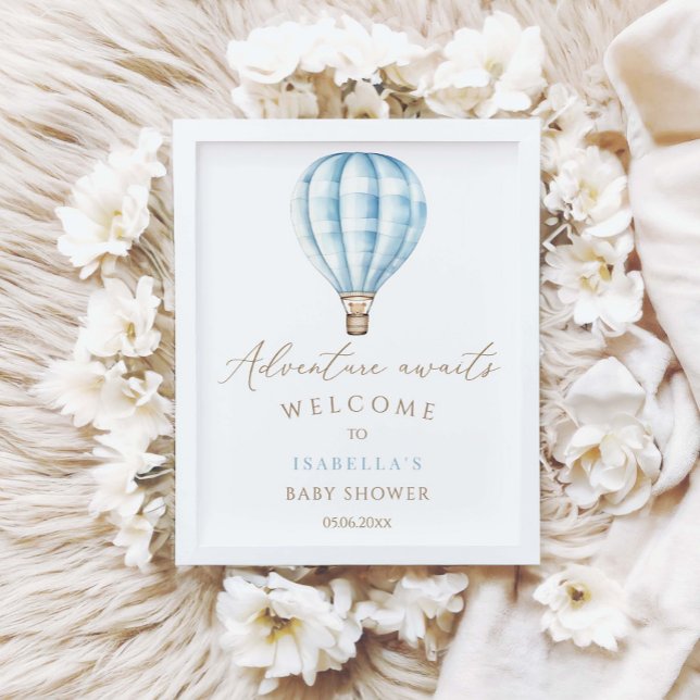 Adventure Awaits Blue Hot Air Balloon Baby Shower Poster (Creator Uploaded)