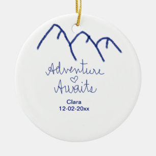 Adventure awaits blue mountain heart add name ceramic ornament