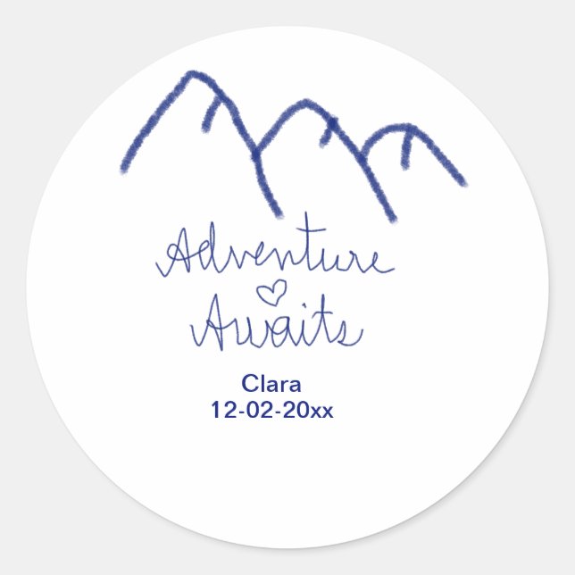 Adventure awaits blue mountain heart add name  classic round sticker (Front)