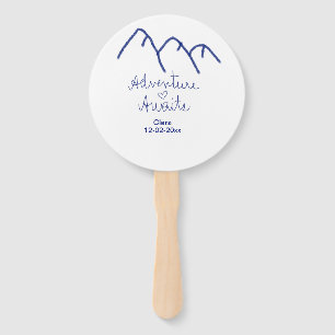 Adventure awaits blue mountain heart add name hand fan