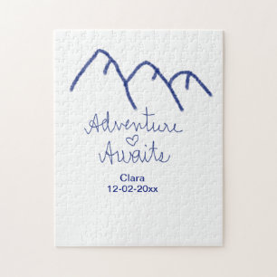Adventure awaits blue mountain heart add name  jigsaw puzzle