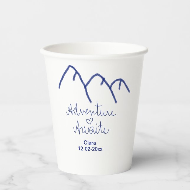Adventure awaits blue mountain heart add name  paper cups (Front)