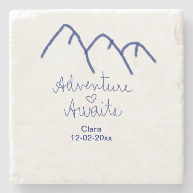 Adventure awaits blue mountain heart add name  stone coaster (Front)