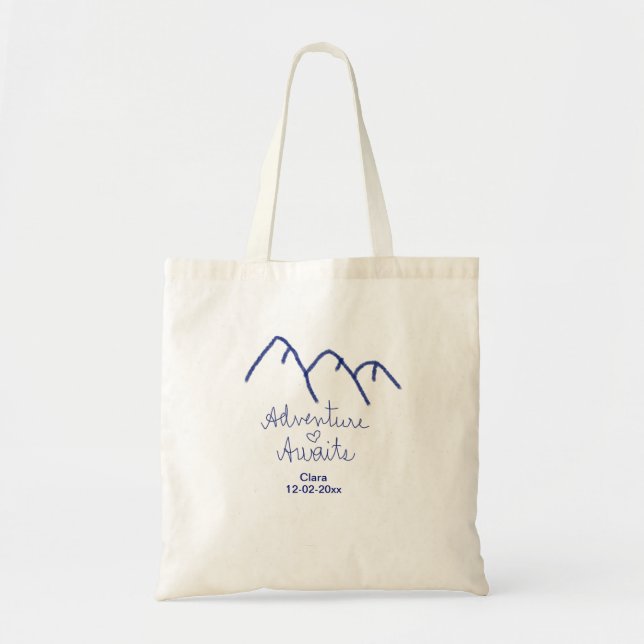 Adventure awaits blue mountain heart add name  tote bag (Front)