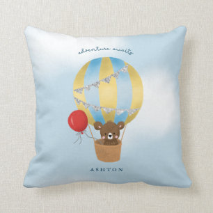Adventure Awaits Blue Silver Hot Air Balloon Cushion