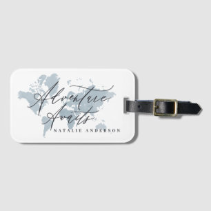 Adventure awaits blue watercolor world map luggage tag