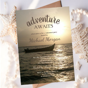 Adventure Awaits,Boat Sunset Sea Retirement Party Invitation