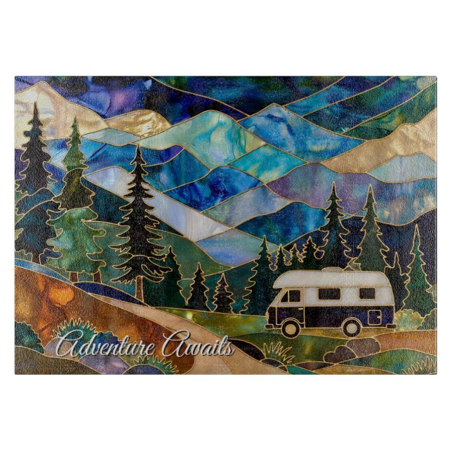 Adventure Awaits Camper Glass Cutting Board (Front)