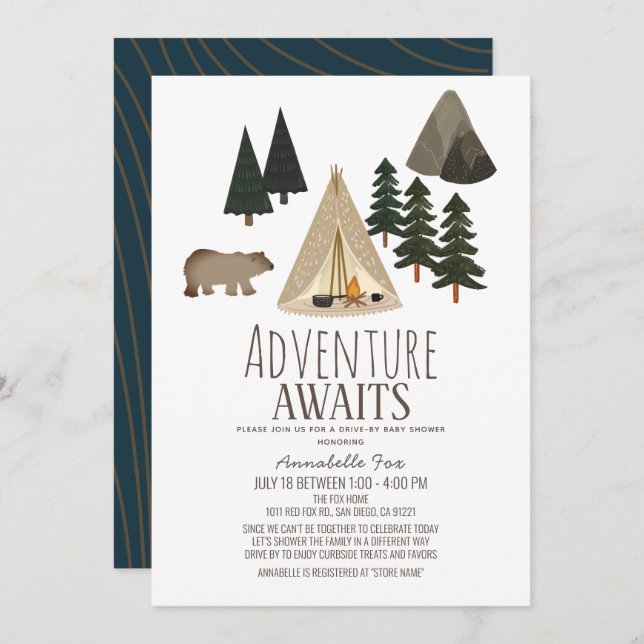 Adventure Awaits Camping Drive-by Baby Shower Invitation (Front/Back)