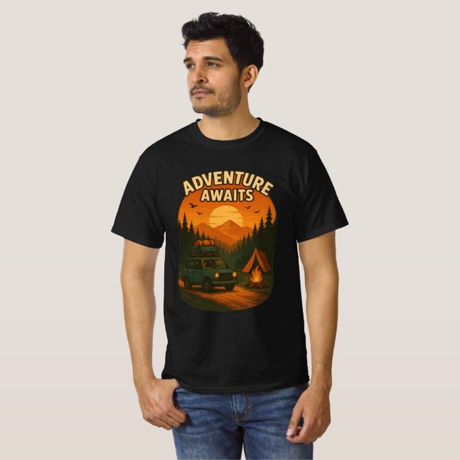 Adventure Awaits Camping T-Shirt | Hiking, Travel  (Front Full)