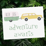 ADVENTURE AWAITS Camping Trailer RV Postcard<br><div class="desc">Check out this cute camper trailer with the message "ADVENTURE AWAITS". You can always edit and add your own text. Let me know if you'd like something custom made. And be sure to check my shop for more products and designs. If you buy it, thank you! Be sure to share...</div>