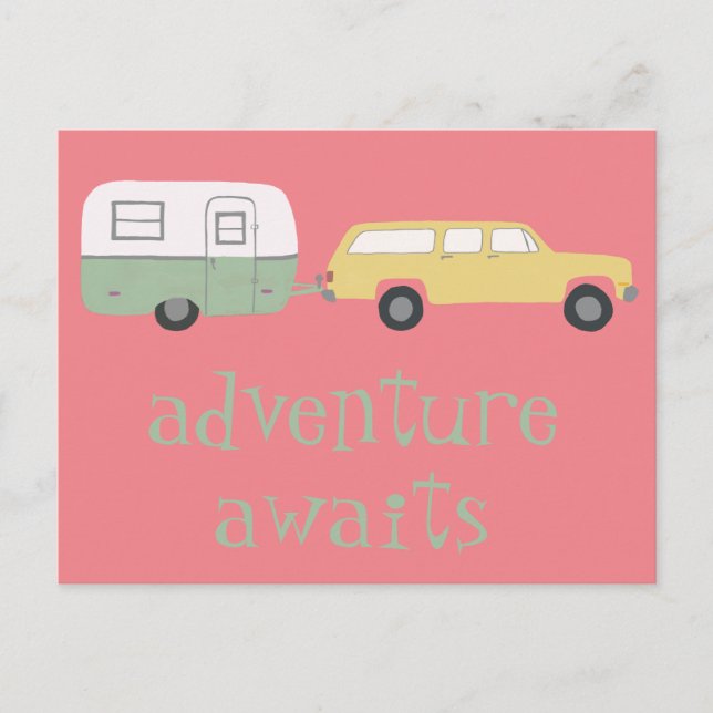 ADVENTURE AWAITS Camping Trailer RV Postcard (Front)