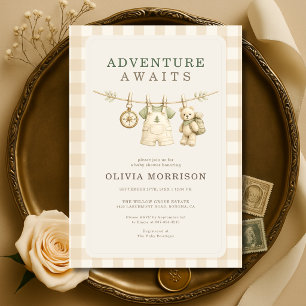 Adventure Awaits Clothesline Gingham Baby Shower Invitation