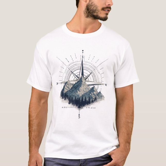 Adventure Awaits – Compass & Mountain Emblem T-Shirt (Front)