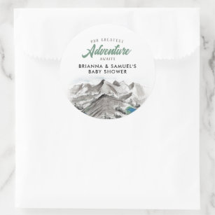 Adventure Awaits Couples Baby Shower Mountains Classic Round Sticker