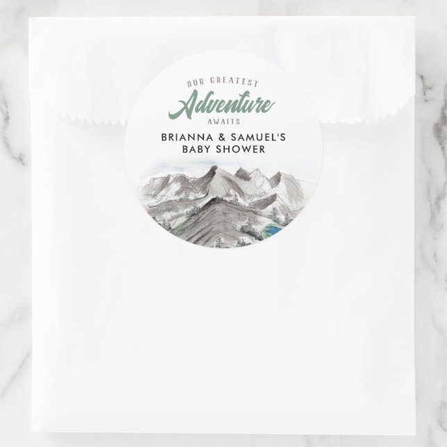 Adventure Awaits Couples Baby Shower Mountains Classic Round Sticker (Bag)