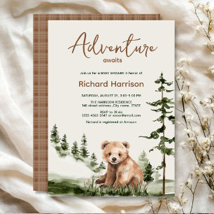Adventure awaits cute forest bear baby shower invitation
