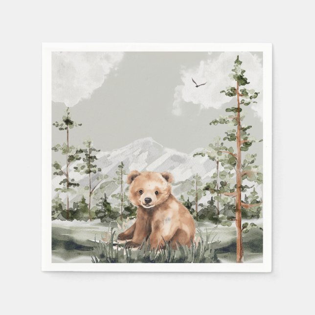 Adventure awaits cute forest bear baby shower napkin (Front)