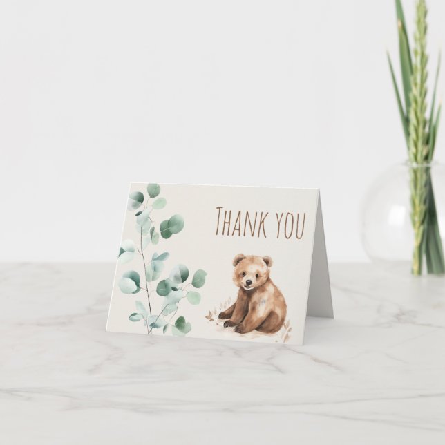 Adventure awaits cute forest bear baby shower thank you card (Front)