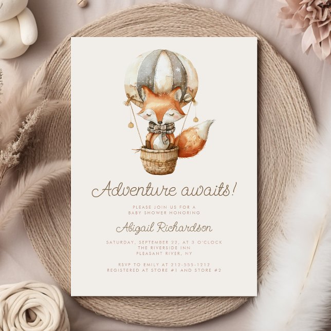 Adventure Awaits Cute Fox Balloon Baby Shower Invitation (Creator Uploaded)