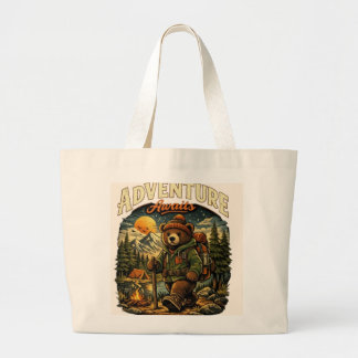 Adventure Awaits - Cute Hiking Bear Vintage Illust Large Tote Bag