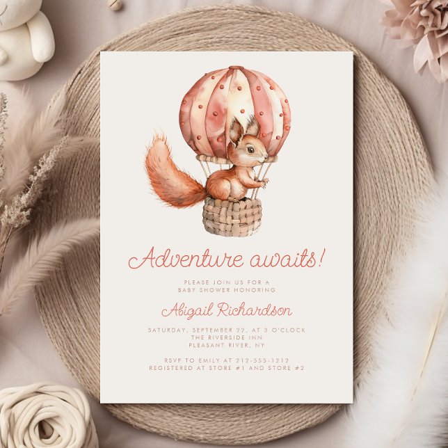 Adventure Awaits Cute Squirrel Balloon Baby Shower Invitation (Creator Uploaded)