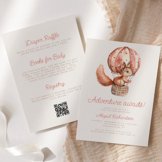 Adventure Awaits Cute Squirrel QR Code Baby Shower Invitation (Creator Uploaded)